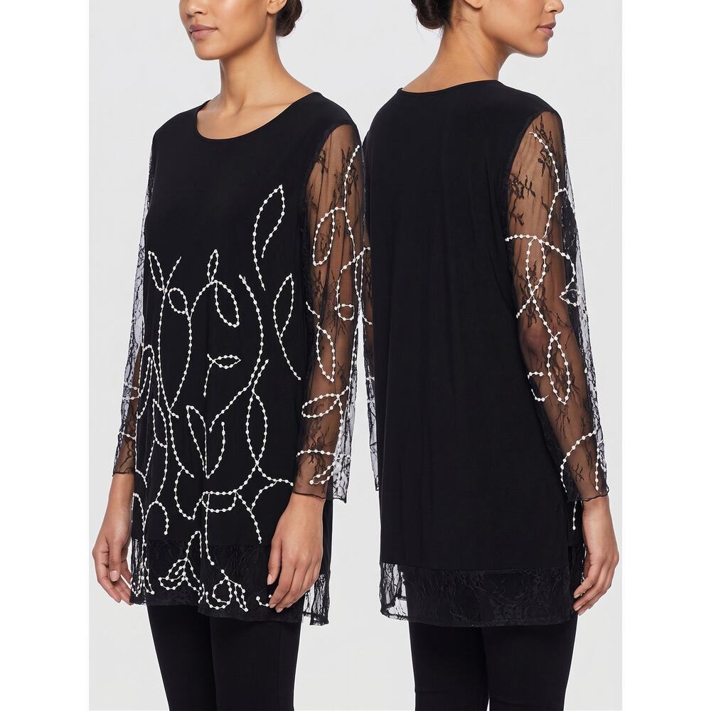Alfani XL Top Black Tunic Delicate White Beaded Embroidery Sheer Sleeves